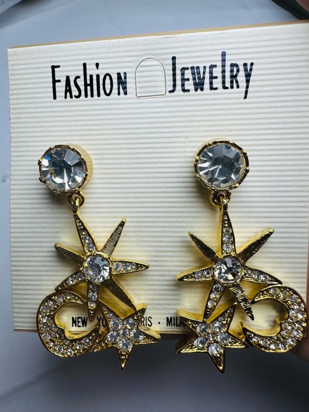 80s-90s DEAD-STOCK (Gold-plated) Gold & Clear Crystal Star & Crescent Earrings